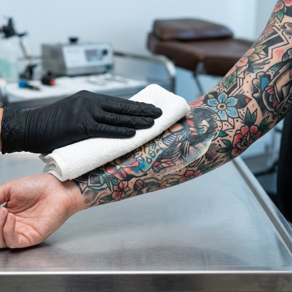 Wiping away numbing cream before a tattoo appointment