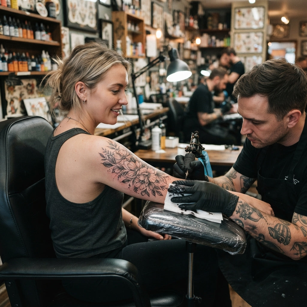 Woman getting her right arm tattooed